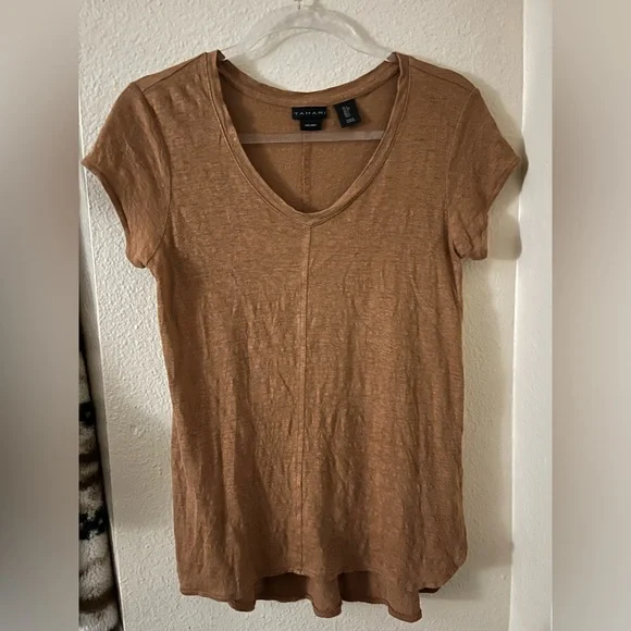 Tahari Tan V-Neck Linen T-Shirt size Small - Picture 1 of 8